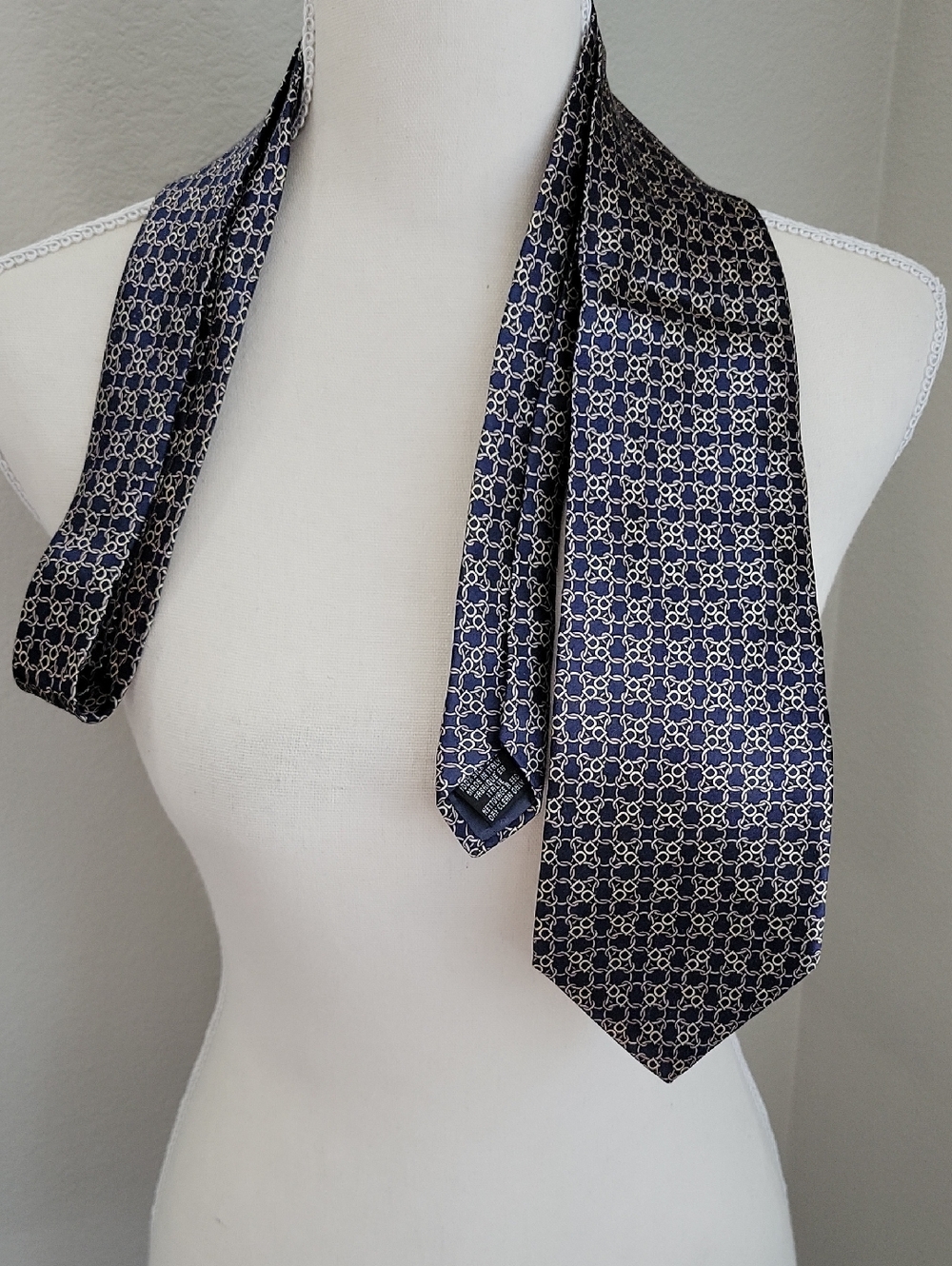 Luca Franzini Navy & Gold Chain Geometric Pattern Silk Tie Made In Italy